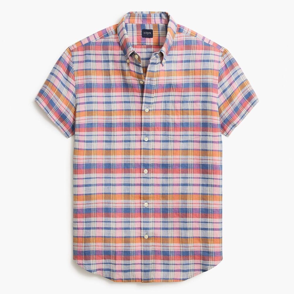J Crew Button Down Shirt Mens Large Slim Linen & Cotton multi Plaid Short Sleeve